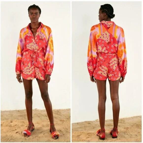 Farm Rio Tiki Bananas Scarf Long Sleeve Mini Romper Red Latinx Size Medium - Picture 1 of 12